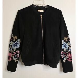 Solitaire Full Zip Jacket Women's Size M Floral Applique Sleeves Black